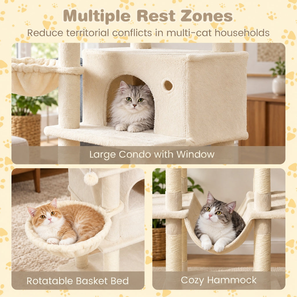 Airfind Large Cat Tree for Indoor Cats 63 Inch Tall Cat Tower, Plush Fabric Sisal Engineered Wood Base Frame, Beige