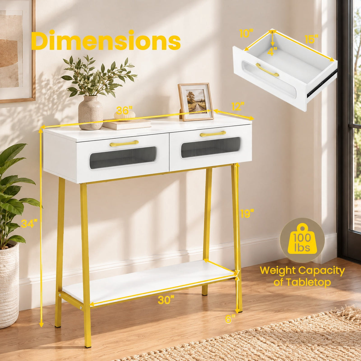 AIRFIND Console Table with LED Lights, 2 Fluted-Front Drawers and Open Shelf, 36 inch Entryway Sofa Table with Metal Legs, White and Gold