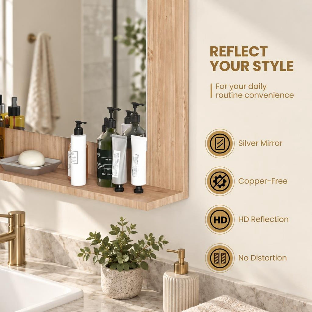 Airfind Rectangle Bathroom Mirror with Shelf 23.5 x 17.5 Inch and Wood Frame, 23.5 x 4 x 17.5Mirror Footprint, Brown