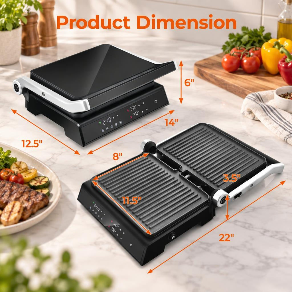Airfind 3 in 1 Indoor Electric Panini Press Grill with LED Display, Tempered Glass Aluminum Metal Stainless Steel Frame, Black