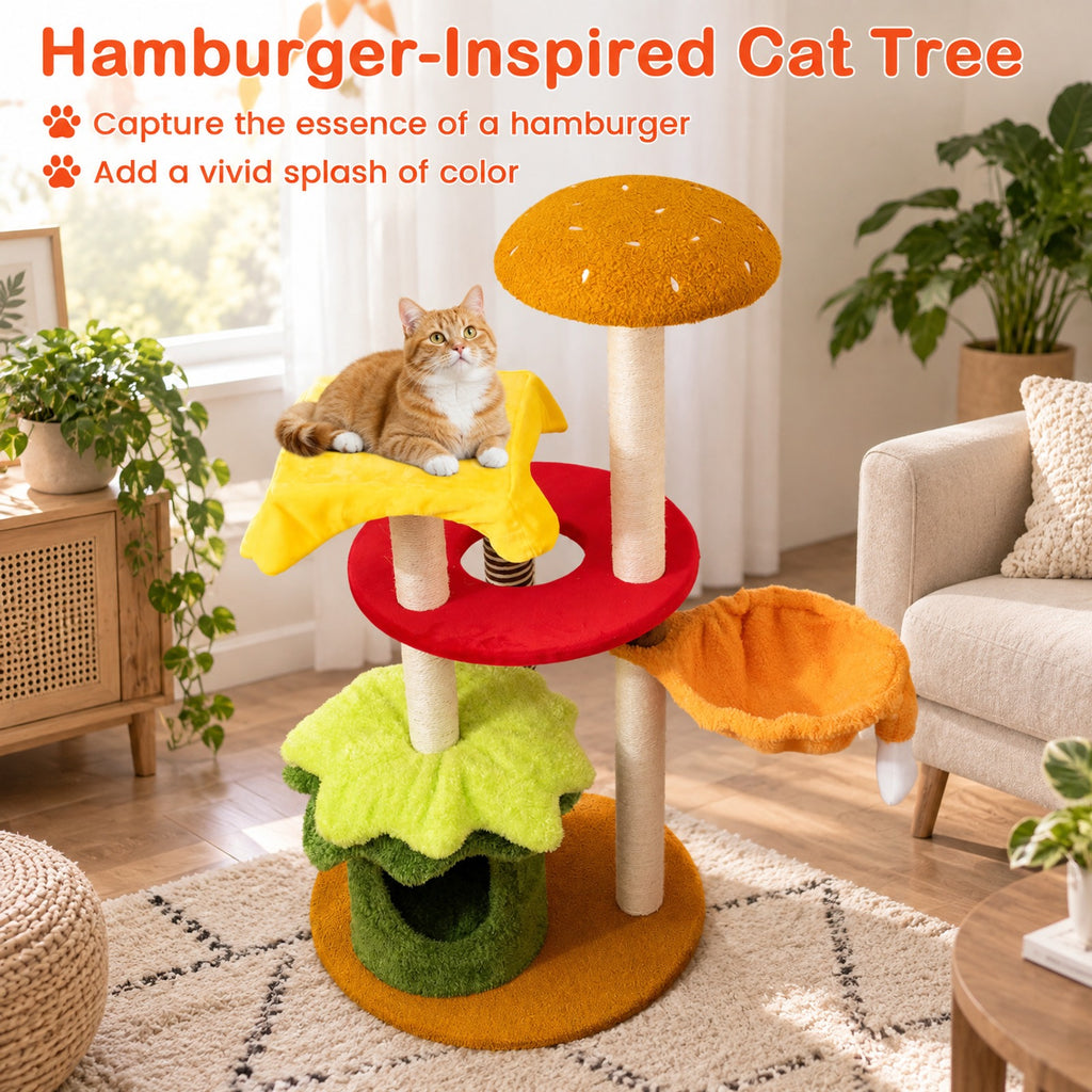 Airfind 46 Inch Tall Cat Tree Multi-Level with Padded Perch and Hanging Basket Bed, 22 lbs Capacity, 24 Inch x 46 Inch (Dia. x H) Condo Footprint, Yellow