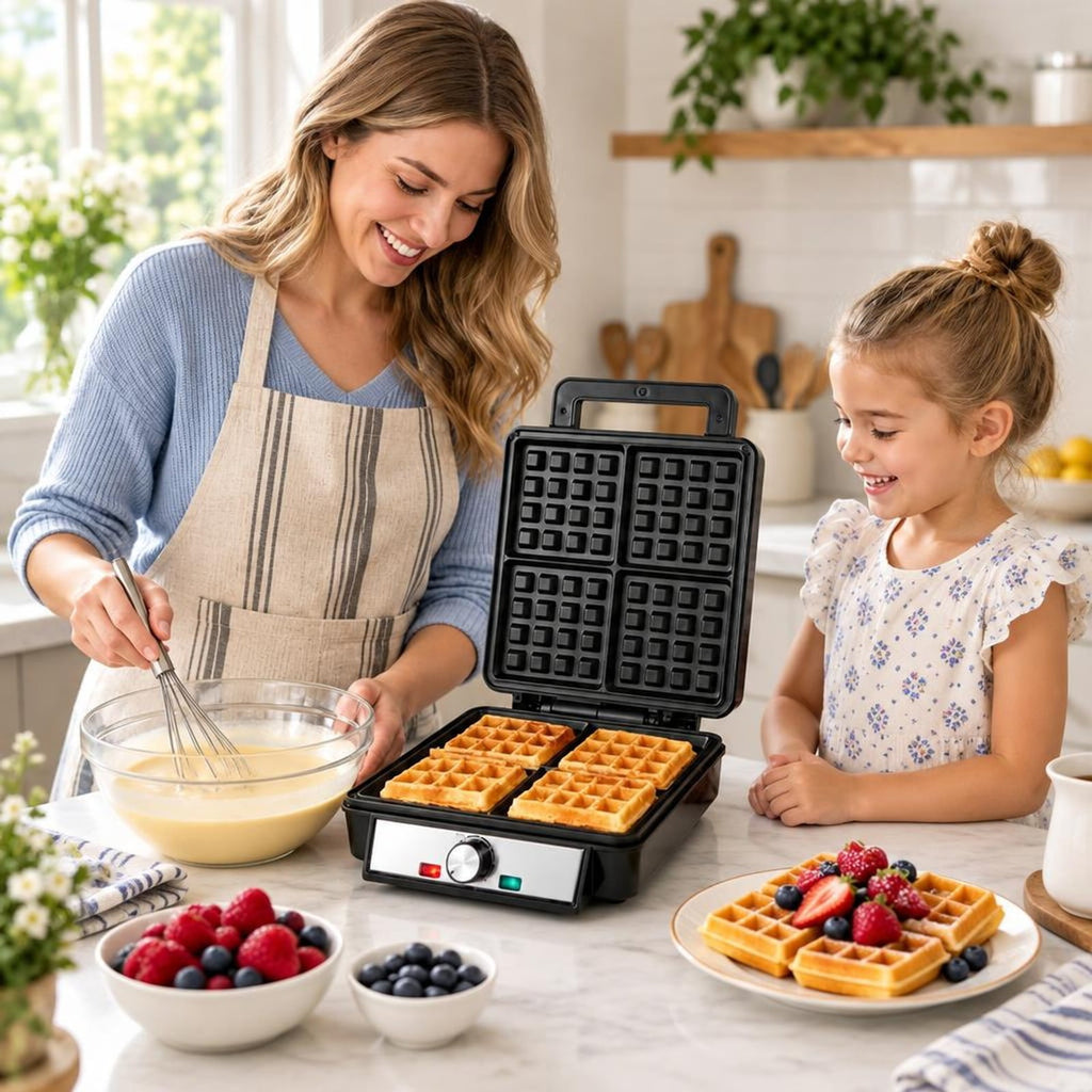 Airfind Belgian Waffle Maker 4-Slice 1200W with Browning Knob and Nonstick Plates-Black and Silver, Aluminum Frame, 12.5in x 9.5in x 4.5in Footprint