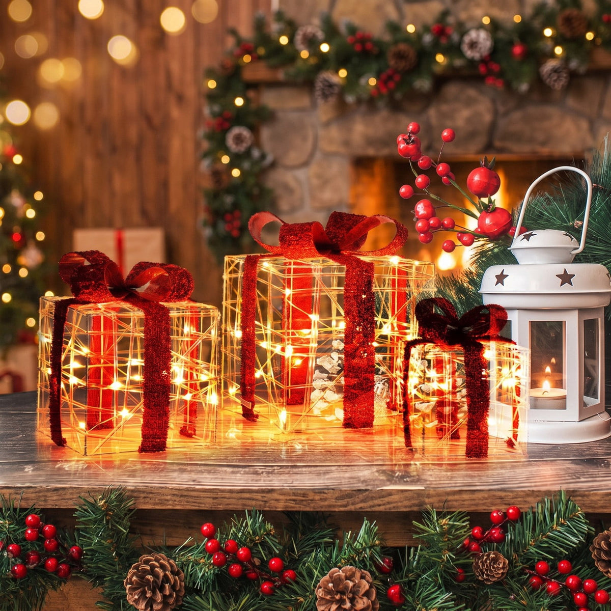 Airfind 3 Pieces Christmas Lighted Gift Boxes Decorations with 60 LED Lights for Indoor and Outdoor, PVC Steel fabric Frame, As picture shows
