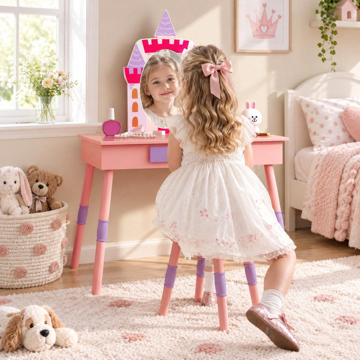 Airfind Kids Princess Vanity Table and Stool Set with Drawer and Mirror, 66 lbs Capacity, MDF Silver Frame, for 3+ Years old, Pink