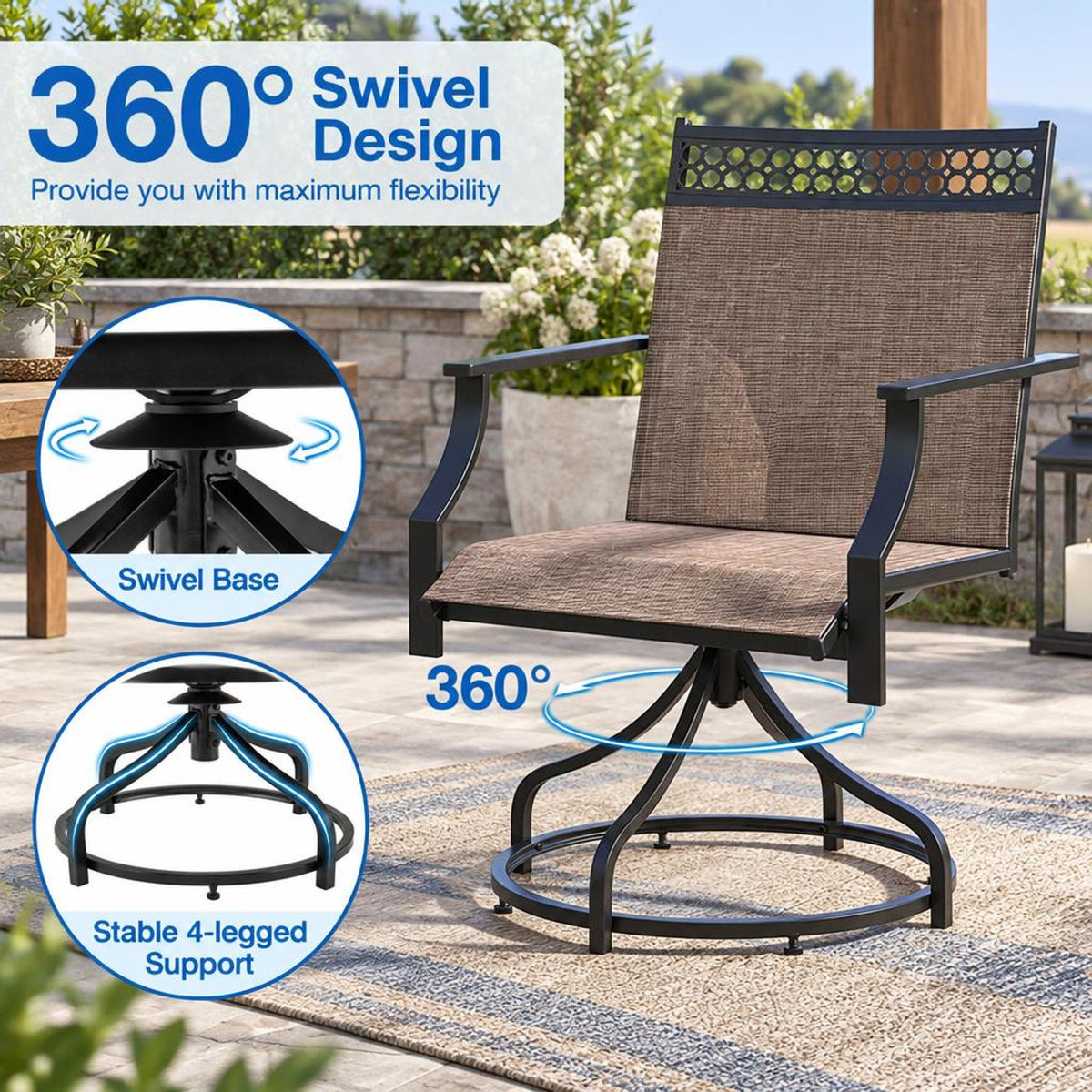 Airfind Patio Swivel Dining Chairs Set of 2 with Heavy-duty Metal Frame and Armrests, Chair 400 lbs Capacity, Fabric Metal PP Frame, Brown