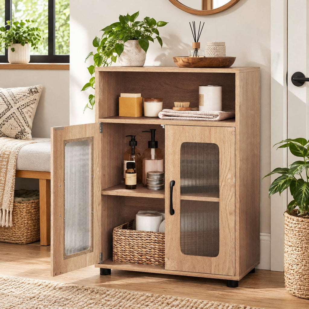 Airfind Bathroom Cabinet Freestanding Cabinet featuring 2 Doors and 3-Level Adjustable Shelf, 155 lbs Capacity, Engineered Wood Frame, Natural