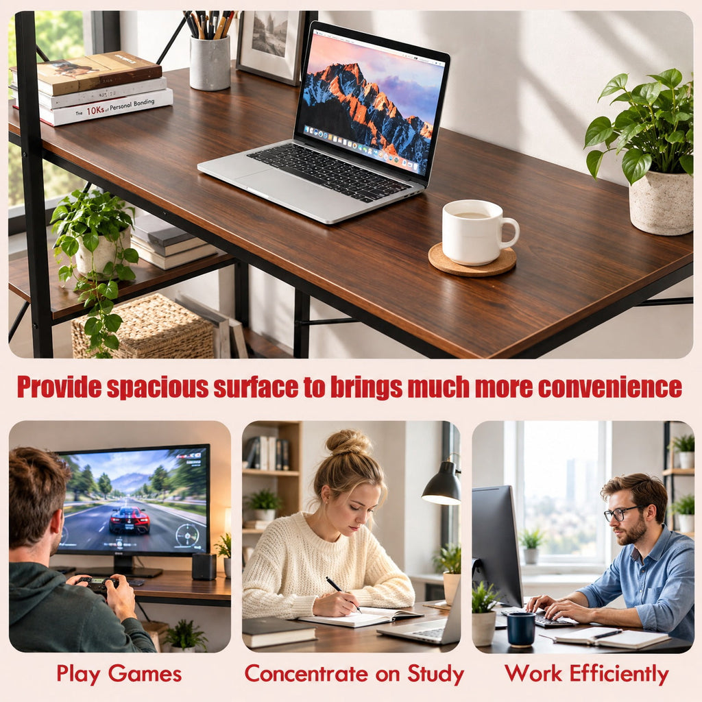 Airfind 47.5 Inch Writing Study Computer Desk with 4-Tier Shelves, P2 MDF Iron Frame, Tan, Product size 47.5in x 24in x 48in (L x W x