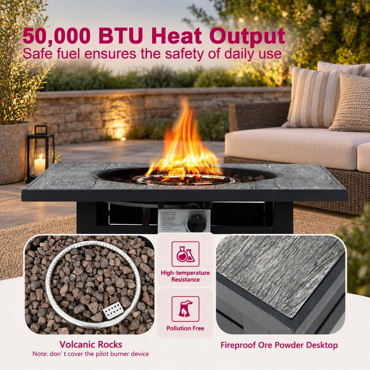 Airfind Square Propane Fire Pit Table with Lava Rocks and Rain Cover, 150 lbs Capacity, Ore powder steel stainless steel Frame, Black