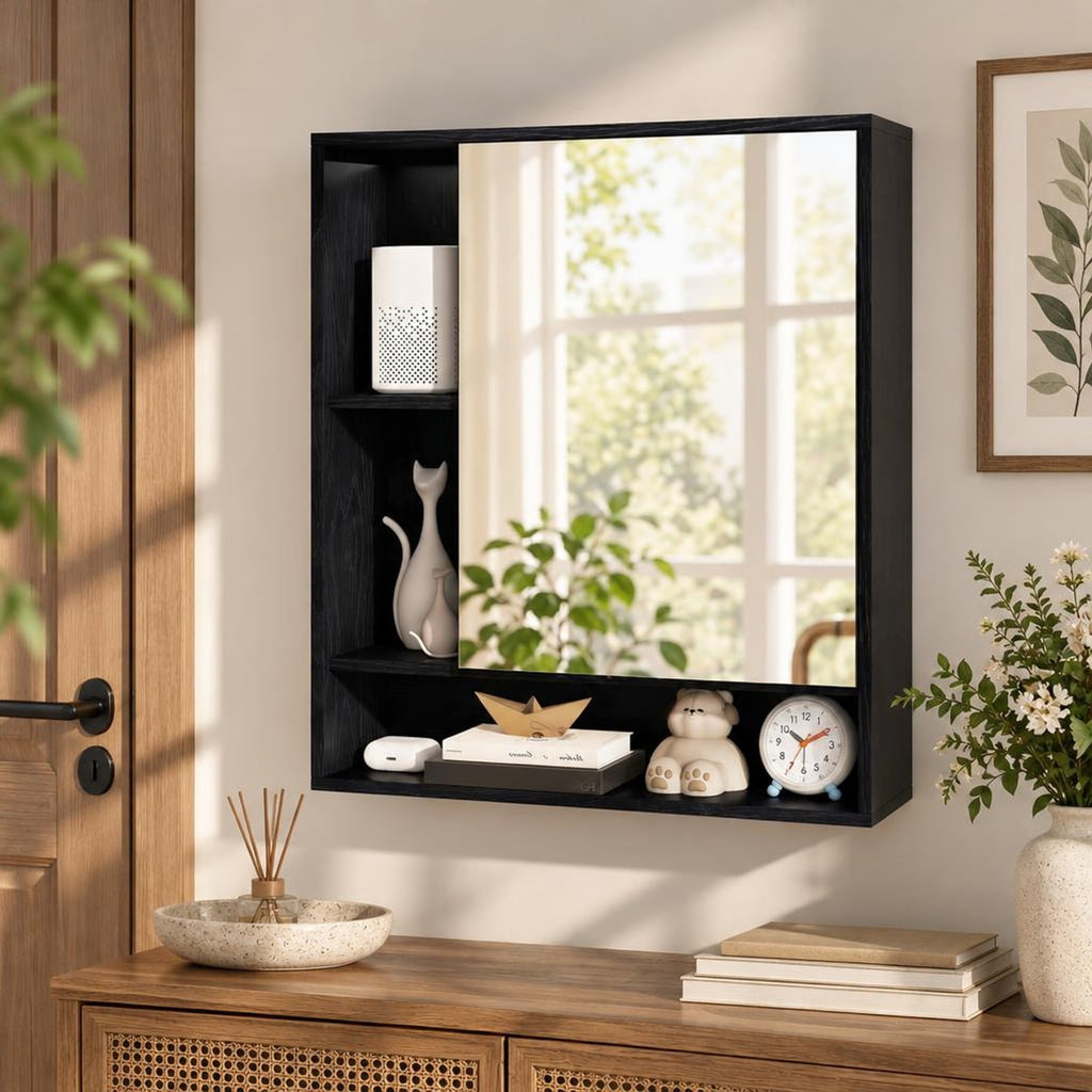 Airfind Wall Mounted Bathroom Cabinet with Mirror Single Door, 176 lbs Capacity, Glass MDF Engineered Wood Frame, 21.5 Inch x 6.5 Inch x 24 Inch Footprint