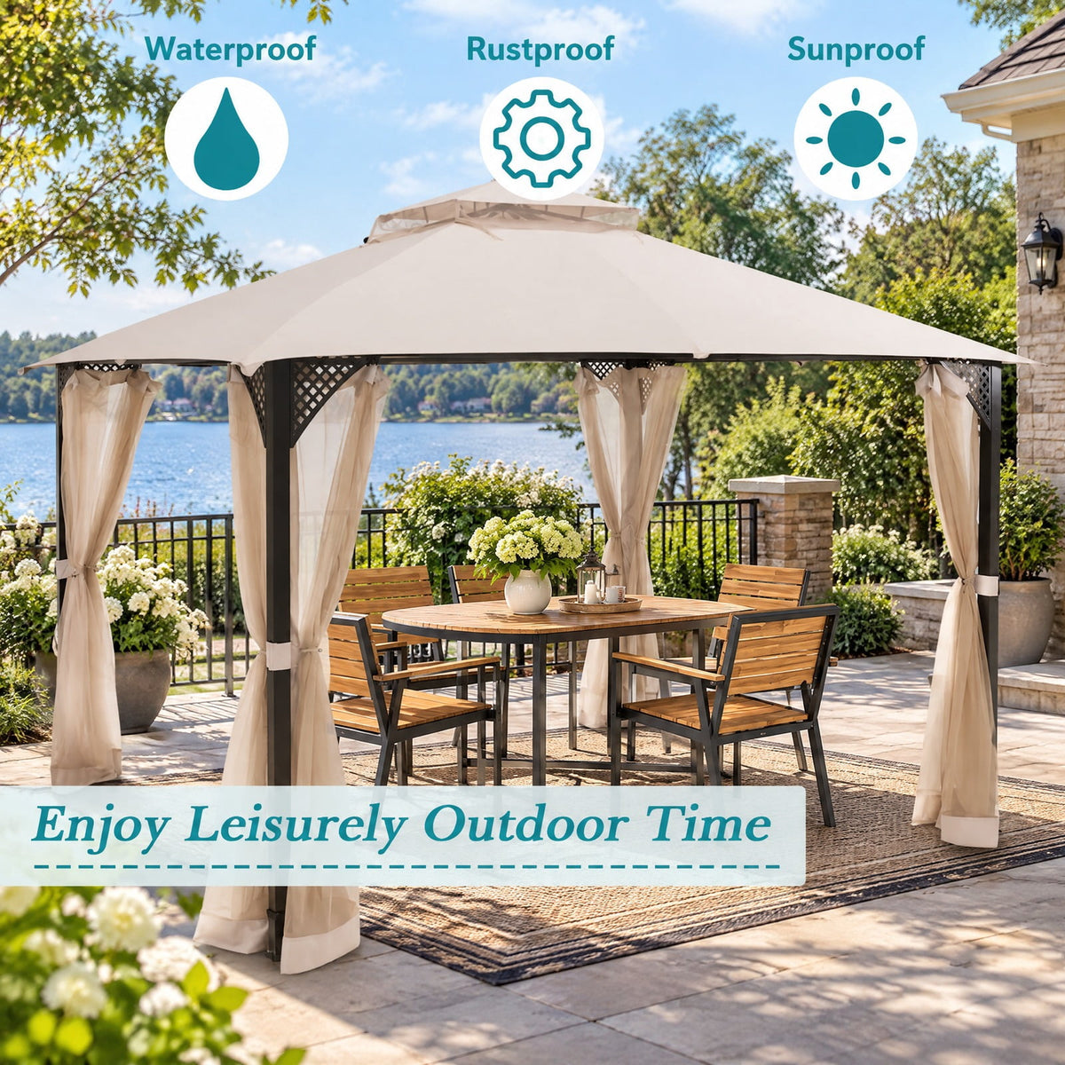 Airfind 12 x 10Outdoor Double Top Patio Gazebo, Polyester steel Frame, 12 x 10 x 9.5 Footprint, Beige