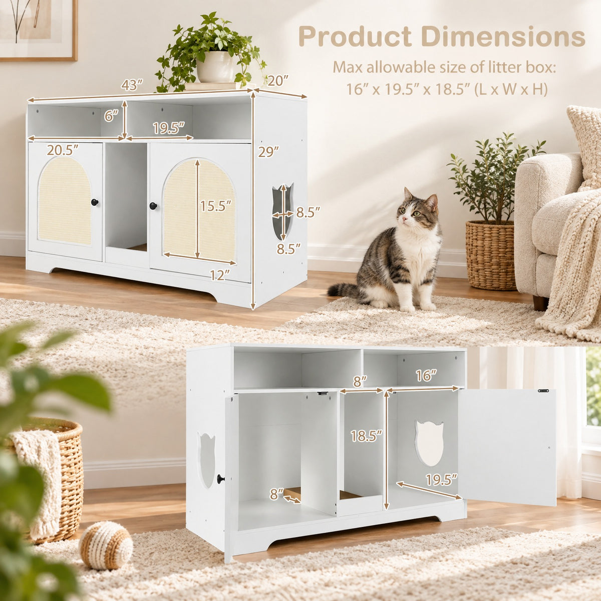 Airfind 43 Inches Cat Litter Box Enclosure with Storage and Double Rooms, Engineered Board Frame, 43in x 20in x 29in Footprint, White