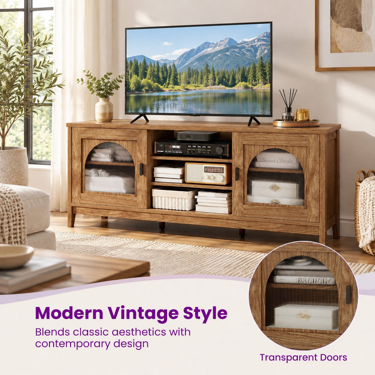Airfind Modern Vintage TV Cabinet, with Adjustable Shelves and 2 Cable Holes for TVs up to 65 Inches, 176 lbs Capacity, Engineered Wood Frame, Walnut