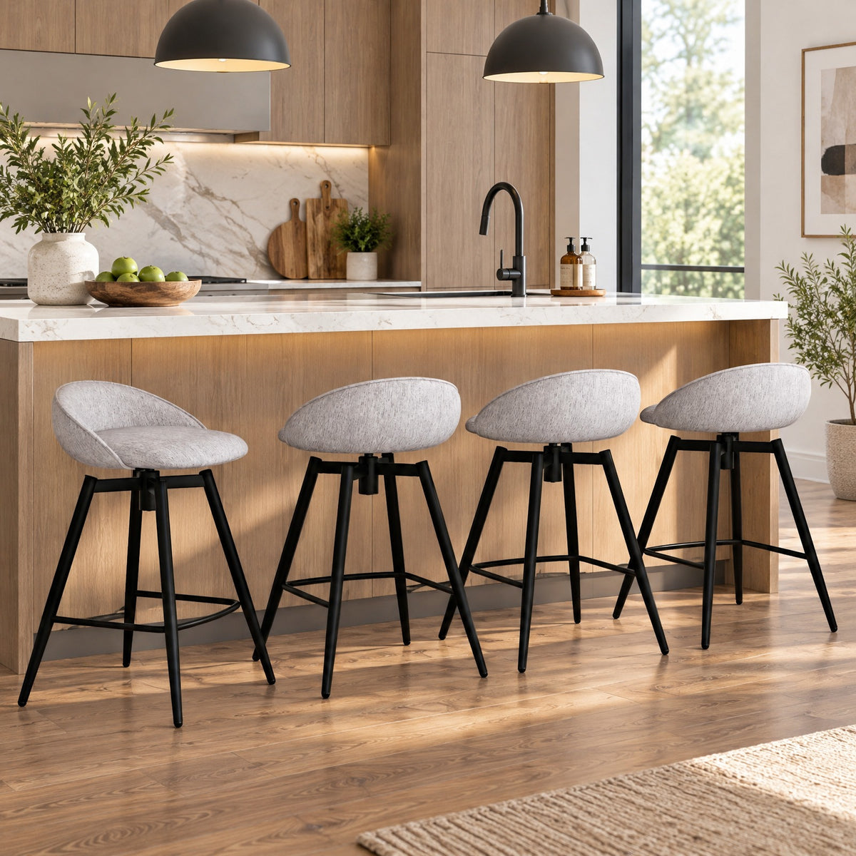 Airfind Upholstered Bar Stools Set of 2 with Footrest and Backrest, 330 lbs Capacity, Metal Linen Fabric Sponge Frame, Gray