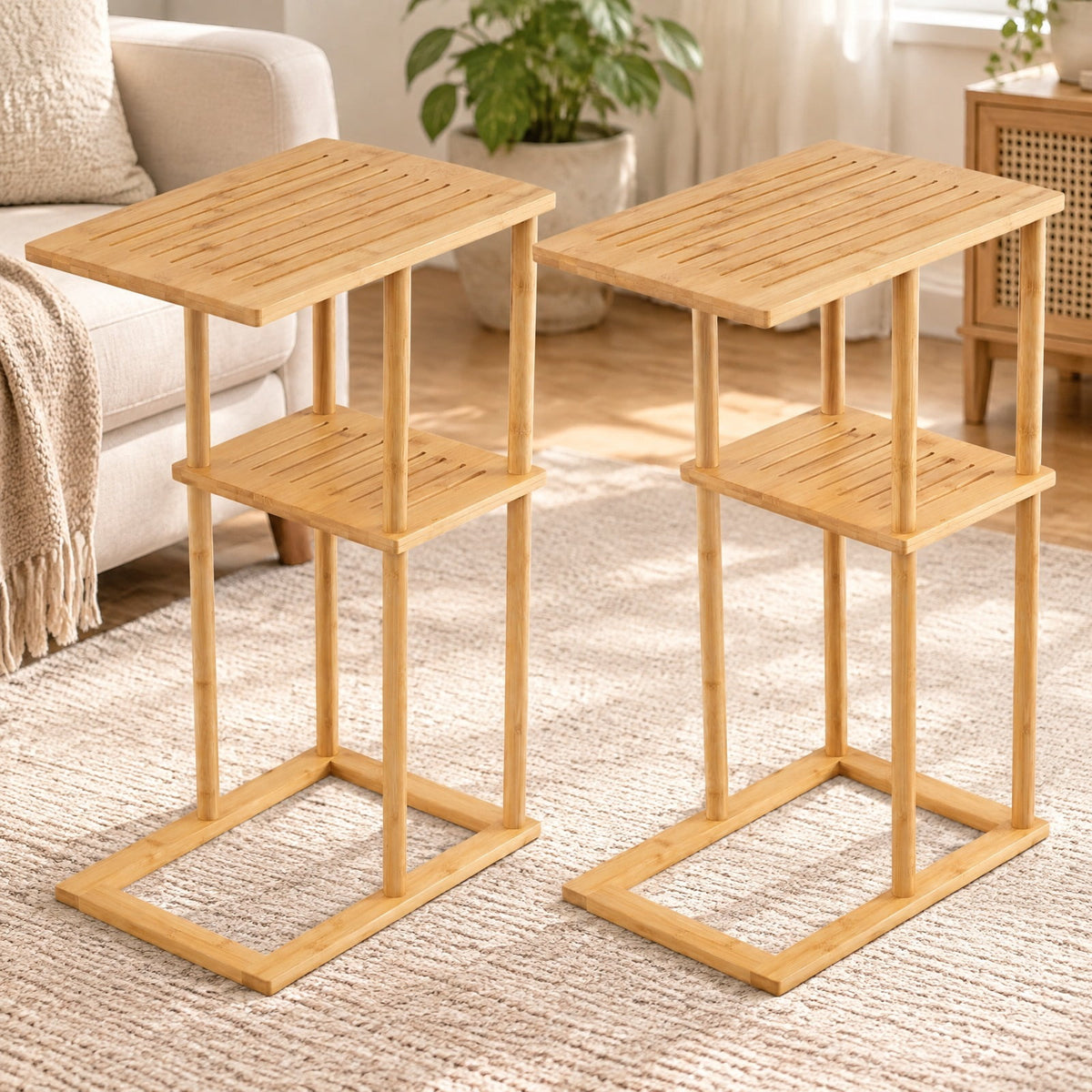 Airfind Side Table Set of 2 with Storage Shelves and Bamboo Construction, 22 lbs Capacity, Bamboo, 15.7 Inch x 11 Inch x 25.6 Inch , Natural