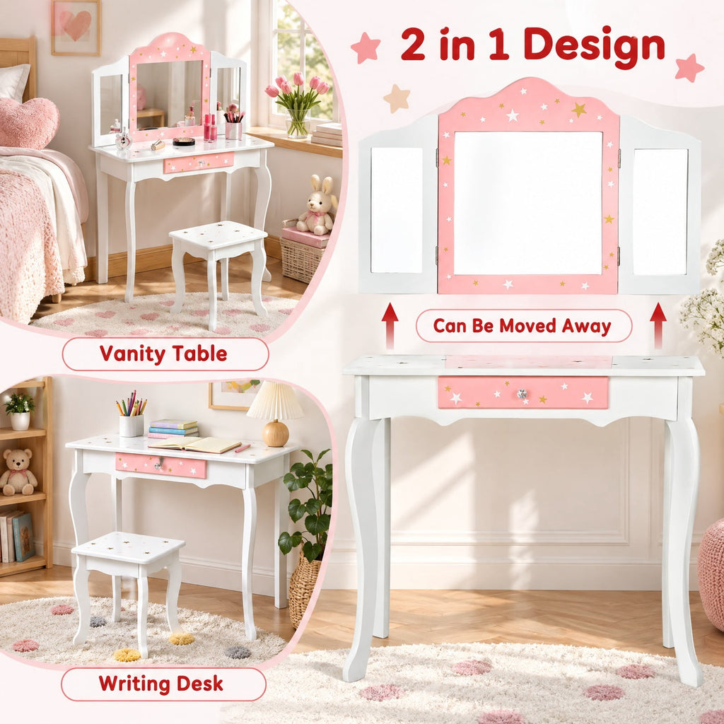 Airfind Kids Princess Vanity Table and Stool Set with Tri-folding Mirror and Drawer, 44 lbs Capacity, MDF Frame, White