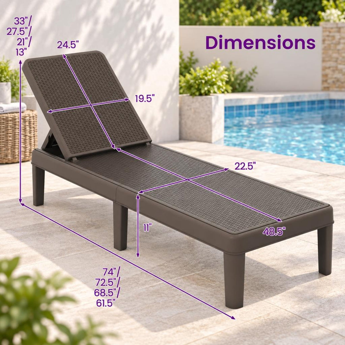 Airfind Outdoor Chaise Lounger Chair with Waterproof Rattan Textured PP Surface and 330 lbs Capacity, 330 lbs Capacity, PP Frame, Brown