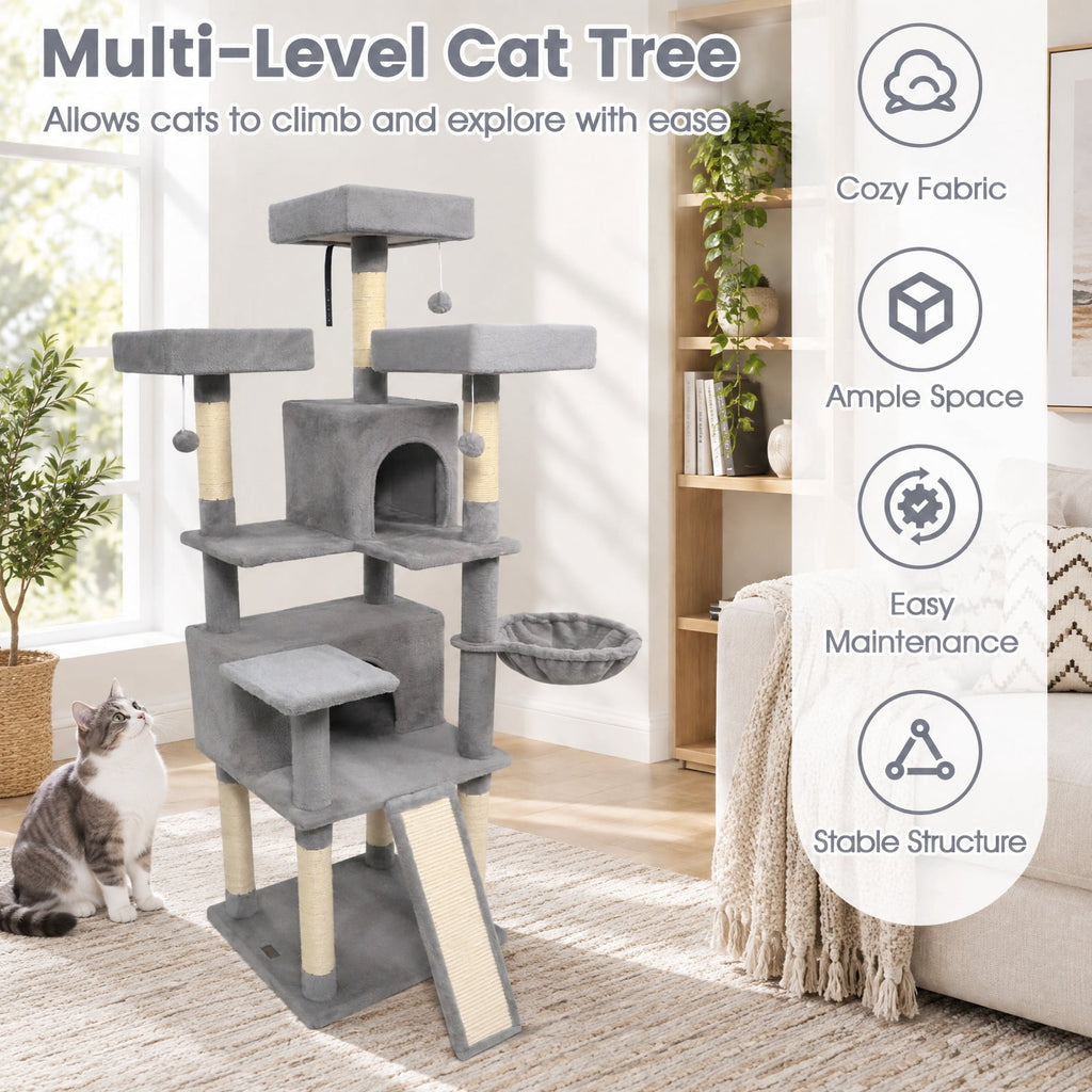 Airfind 65 Inch Tall Multi-level Cat Tree with 3 Upholstered Perch and 2 Cat Condos, Fabric Sisal Engineered Wood Overall Height 65 Inch Base Frame