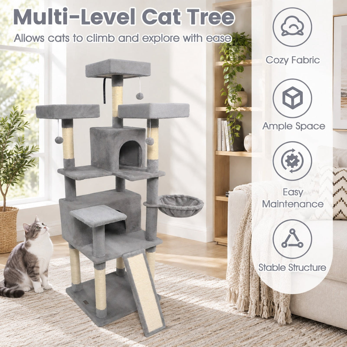 Airfind 65 Inch Tall Multi-level Cat Tree with 3 Upholstered Perch and 2 Cat Condos, Fabric Sisal Engineered Wood Overall Height 65 Inch Base Frame