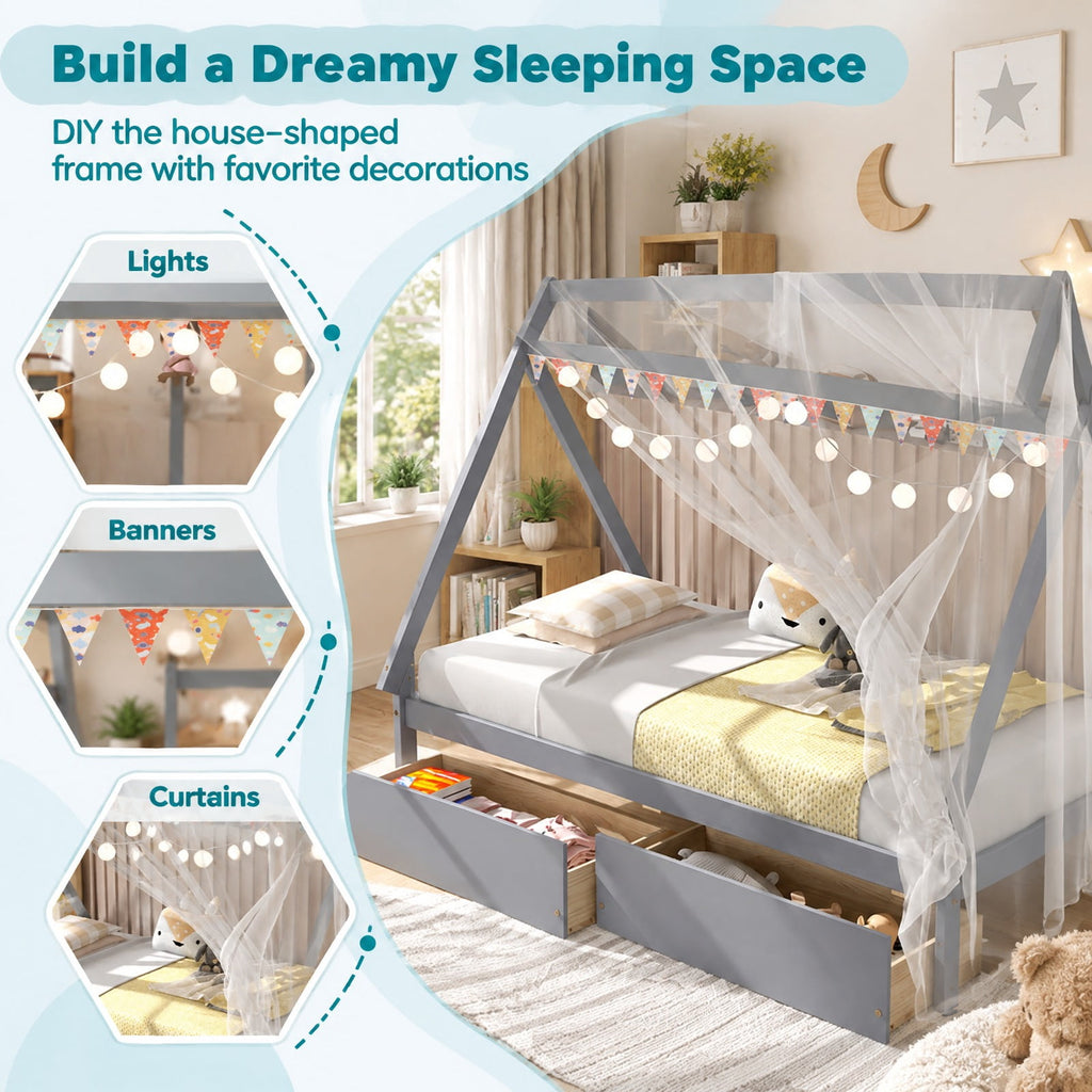 Airfind Twin Size Wooden Tent Platform House Bed with 2 Drawers, 200 lbs Capacity, Solid Wood Plywood Frame, 78 Inch x 46.5 Inch x 59 Inch Footprint, Gray