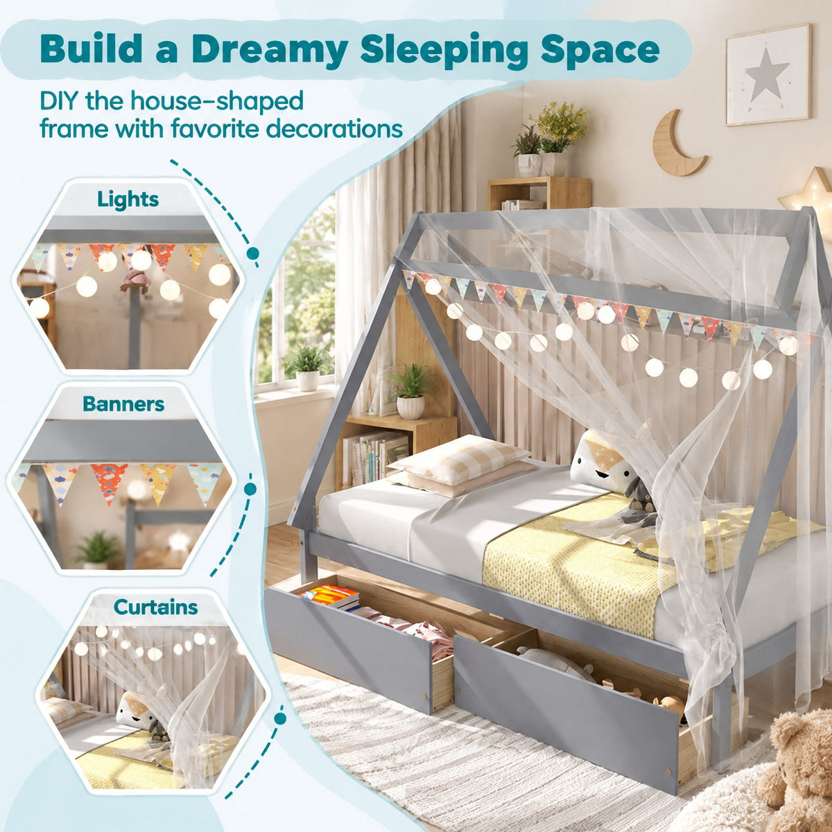 Airfind Twin Size Wooden Tent Platform House Bed with 2 Drawers, 200 lbs Capacity, Solid Wood Plywood Frame, 78 Inch x 46.5 Inch x 59 Inch Footprint, Gray