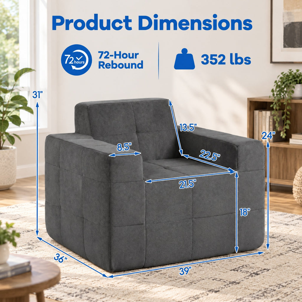 Airfind Boneless Single Sofa Chair Cloud Sofa with Terry Cloth Upholstery, 352 lbs Capacity, Terry Cloth Sponge Frame, Gray