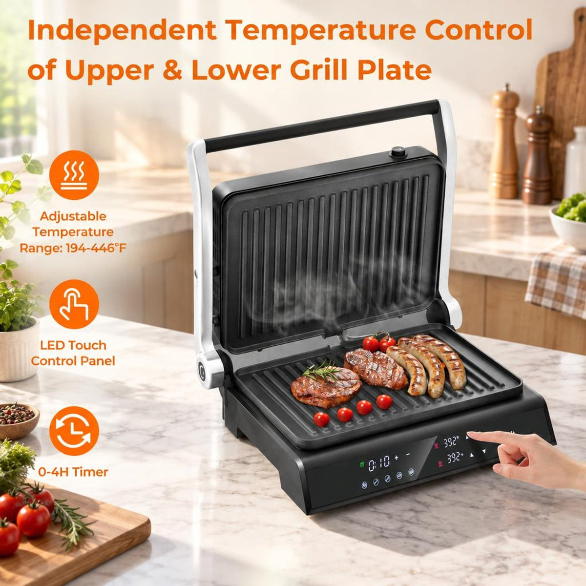 Airfind 3 in 1 Indoor Electric Panini Press Grill with LED Display, Tempered Glass Aluminum Metal Stainless Steel Frame, Black