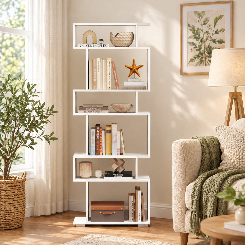 Airfind 6-Tier Geometric Bookshelf with 2 Anti-Tipping Kits for Home Office, 11 lbs Capacity, Engineered Wood Frame, 24 x 8 x 64 Footprint, White