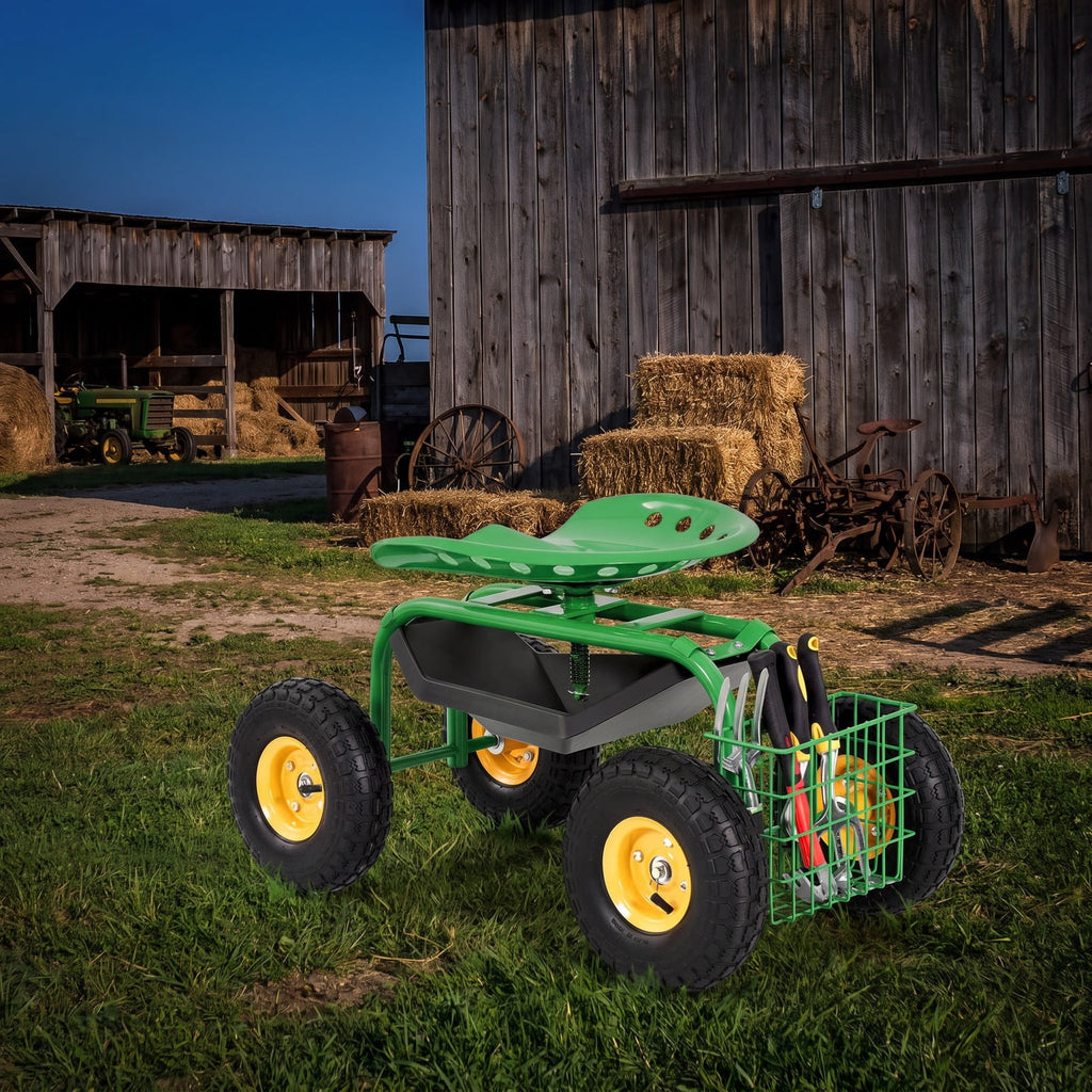 Airfind Red/Green Garden Cart Rolling Work Seat With Heavy Duty Tool Tray Gardening Planting, 33 x 16 x 22 Footprint, Green