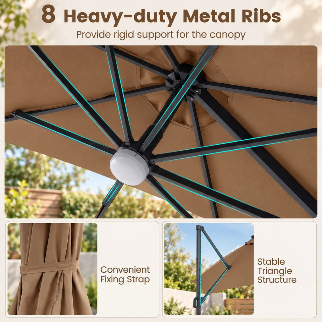 Airfind 10 FT Cantilever Patio Umbrella with Solar LED Lights 360° Rotation, Polyester Fabric Aluminum Metal PC ABS Frame, Brown