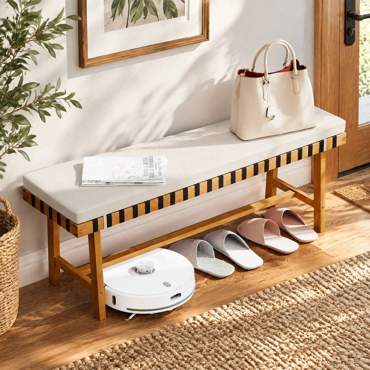 Airfind 48 inch Acacia Wood Outdoor Bench with Thick Padded Seat Cushion, 800 lbs Capacity, Acacia Wood Weaving Ropes Polyester Fabric Sponge Frame