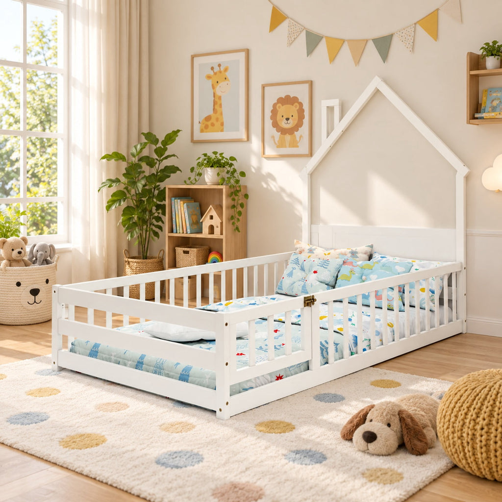 Airfind Twin Size Montessori Floor Bed with Lockable Door and Full-Length Guardrail, Solid Wood Plywood Frame, 78.5 x 45 x 66.5 Footprint, White