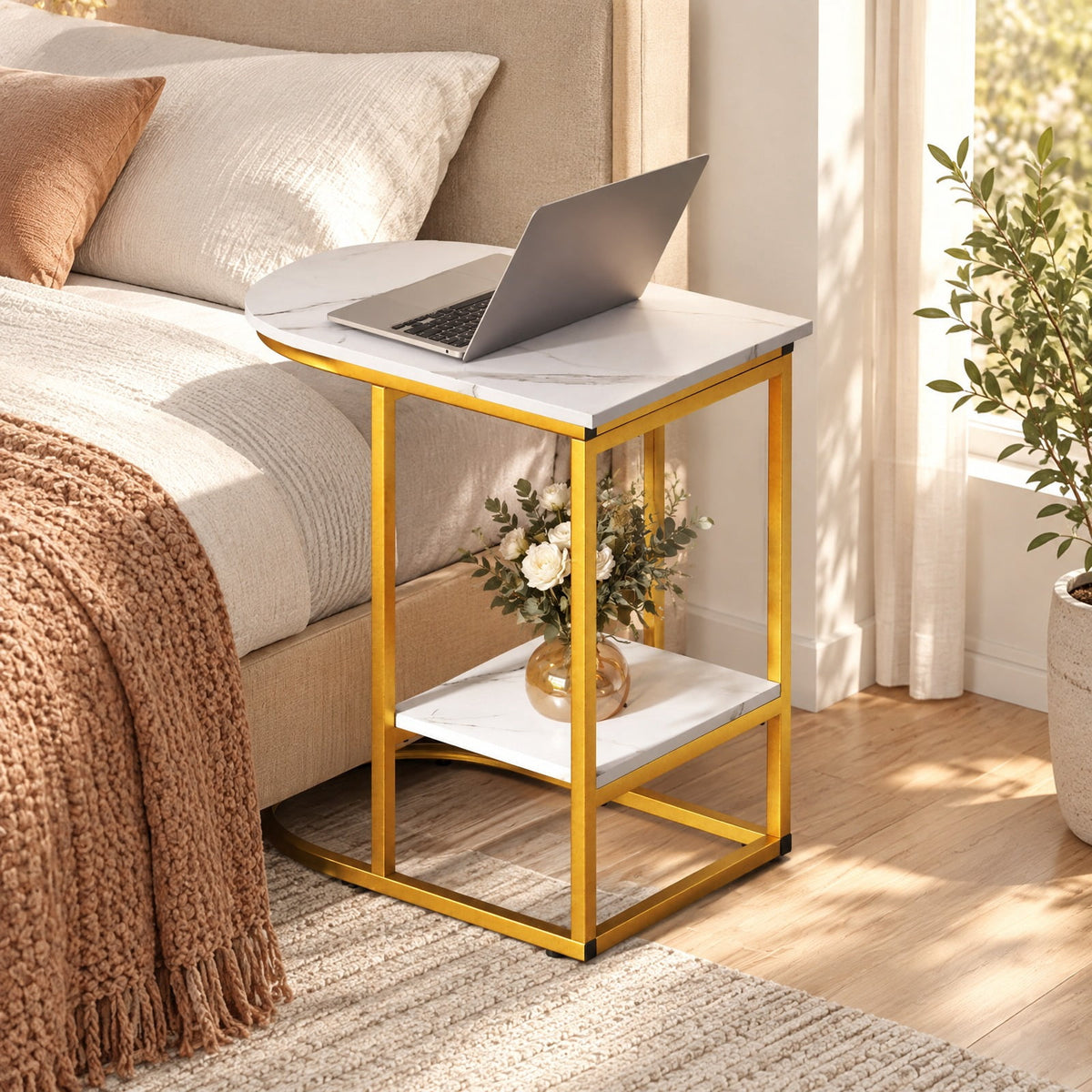 Airfind C-shaped Modern Sofa Side Table with Faux Marble Tabletop and Storage Shelf, 66 lbs Capacity, Engineered Wood Metal Frame, White