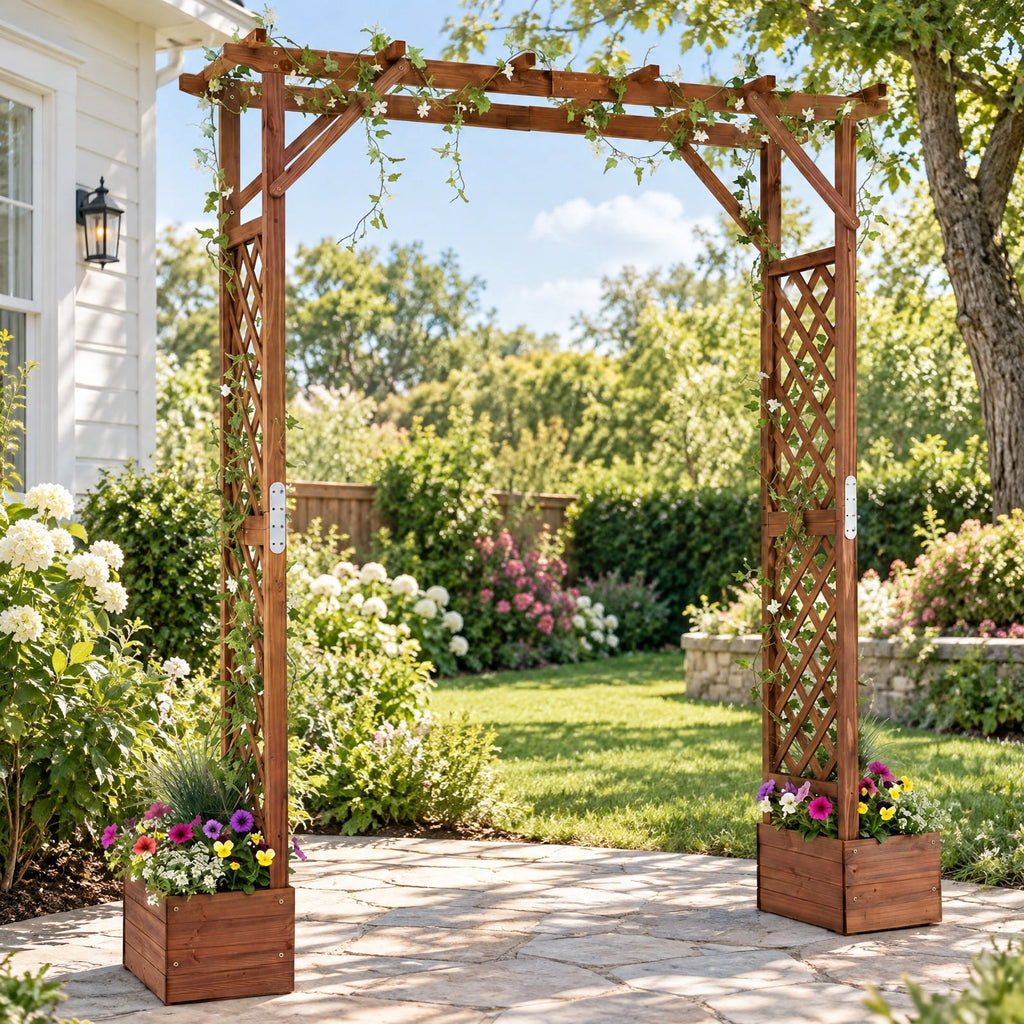 Airfind 87in Tall Wooden Garden Arbor with Planter Boxes and Hanging Roof for Climbing Plants, 44 lbs Capacity, Fir Wood Frame, Orange