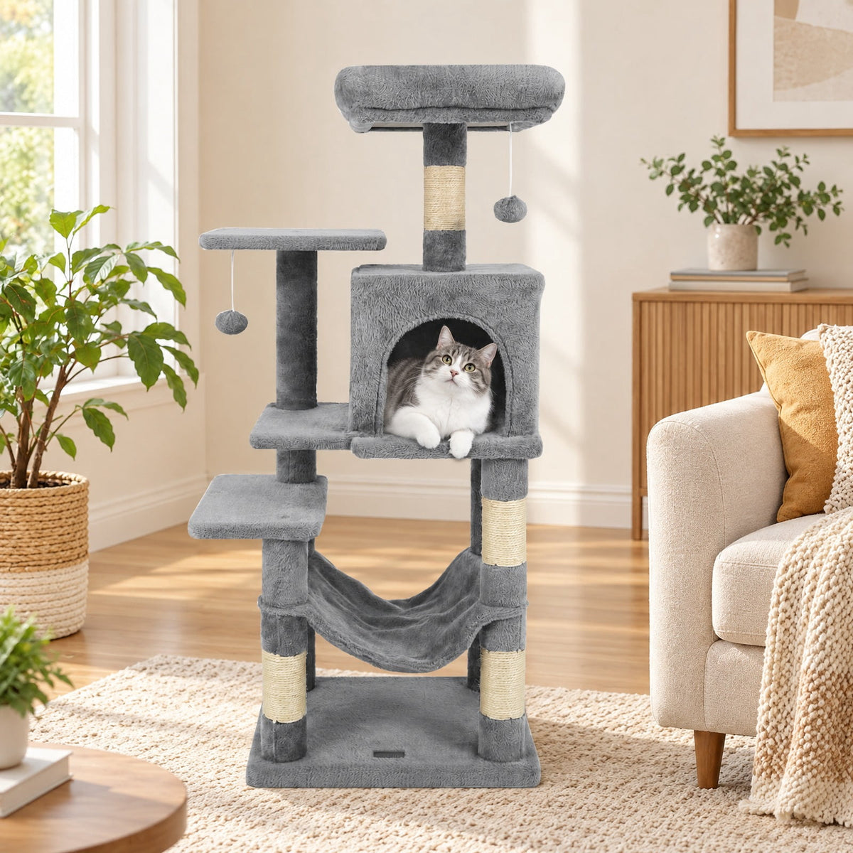 Airfind Multi-Level Cat Tower with 2-Door Condo and Padded Top Perch, PP Cotton Fabric Sisal Engineered Wood Overall Height 44 Base Frame