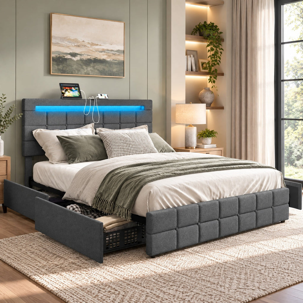 Airfind Upholstered Queen LED Bed Frame with Headboard and 4 Drawers, 880 lbs Capacity, 83 x 64 x 40.5-42.5(L x W x H) Drawer Footprint, Gray