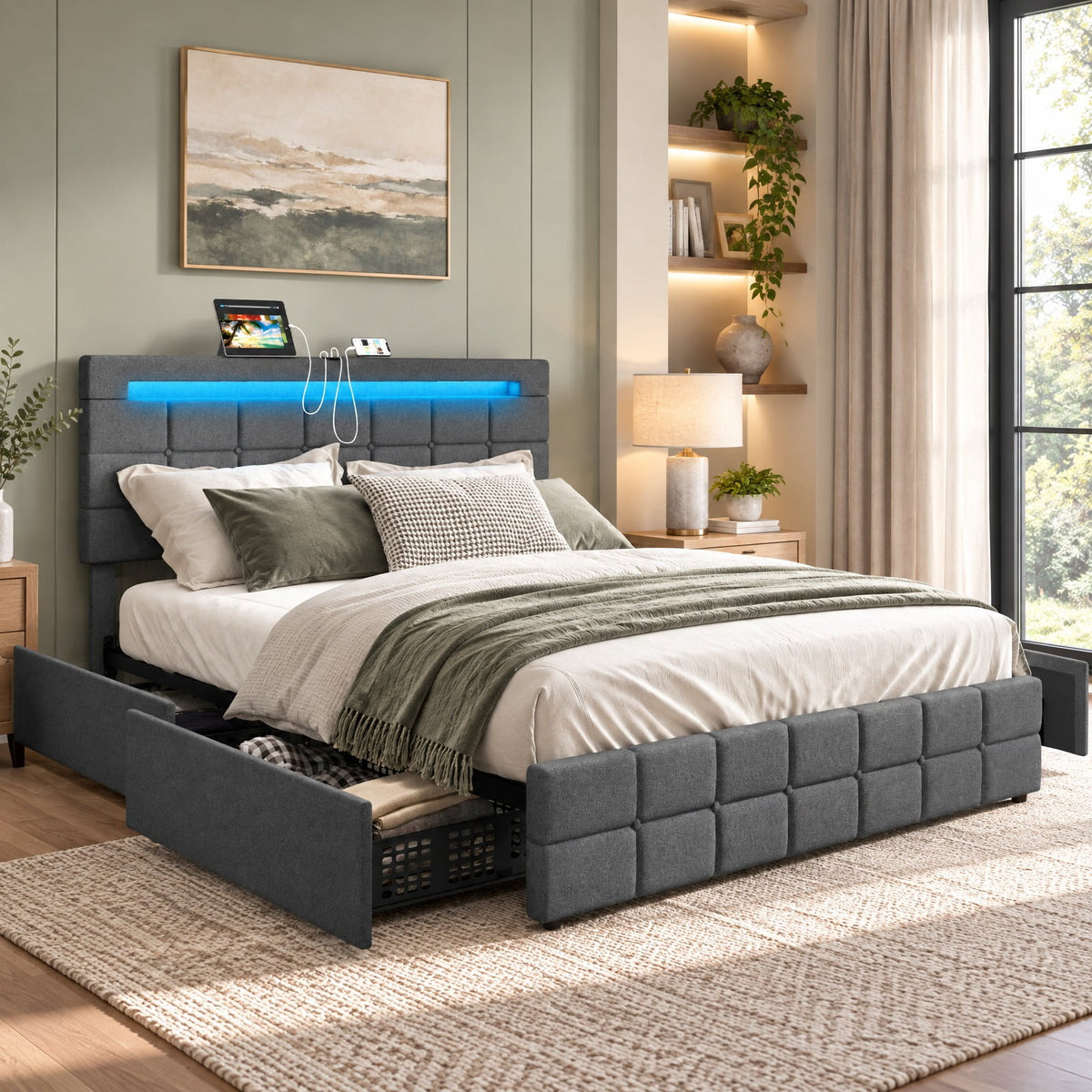 Airfind Upholstered Queen LED Bed Frame with Headboard and 4 Drawers, 880 lbs Capacity, 83 x 64 x 40.5-42.5(L x W x H) Drawer Footprint, Gray