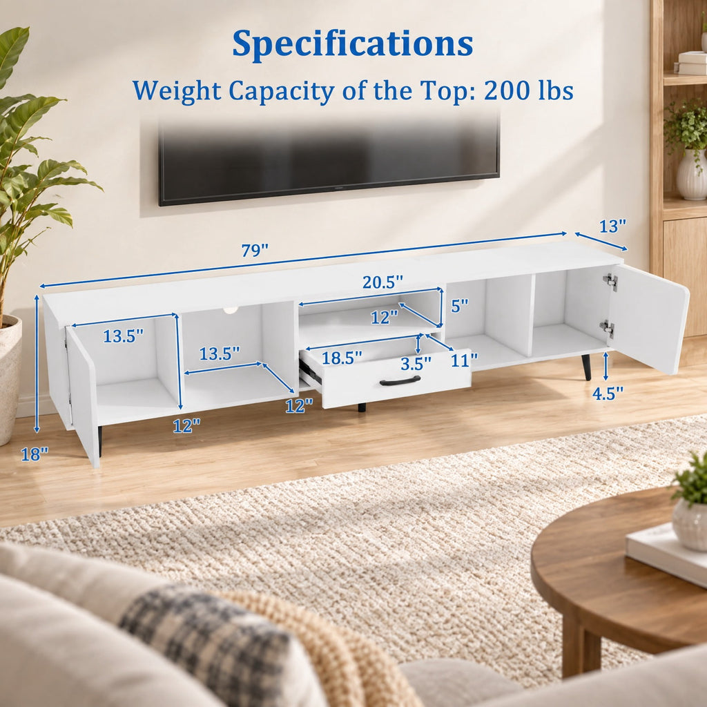 Airfind 79 Inch TV Stand for TVs up to 90 Inches Entertainment Center Wood Media Console Table Modern Mid Century TV Cabinet, 200 lbs Capacity, White