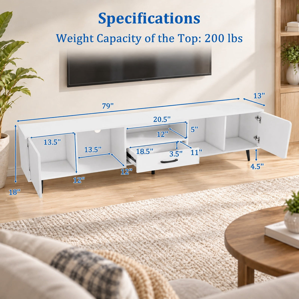 Airfind 79 Inch TV Stand for TVs up to 90 Inches Entertainment Center Wood Media Console Table Modern Mid Century TV Cabinet, 200 lbs Capacity, White