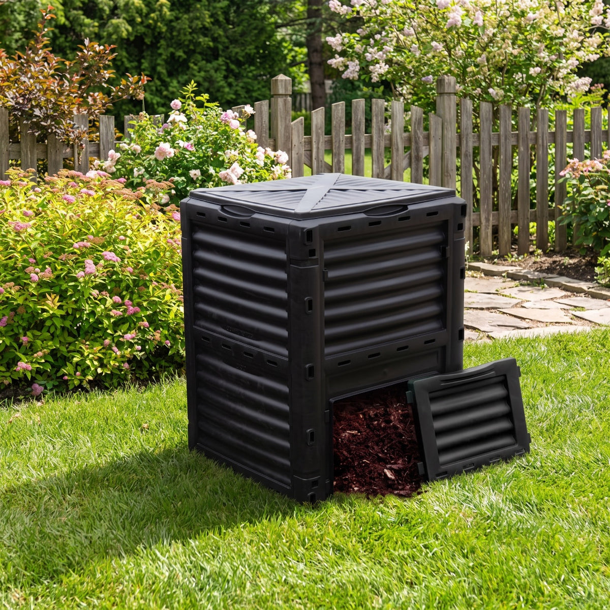 Airfind 80-Gallon Outdoor Composter with Large Openable Lid and Bottom Exit Door, PP Frame, 23.5 x 23 x 32 (L x W x H) Inner Footprint, Black