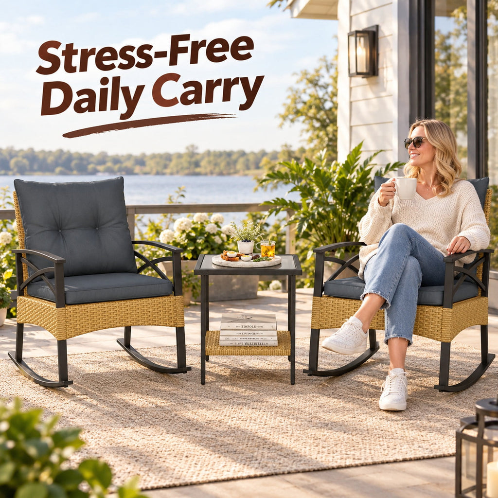 Airfind 3 Pieces Outdoor Rattan Rocking Chairs Set with 2-Tier Side Table for Garden Backyard, Table 100 lbs Capacity, 18 x 18 x 18.5 Footprint