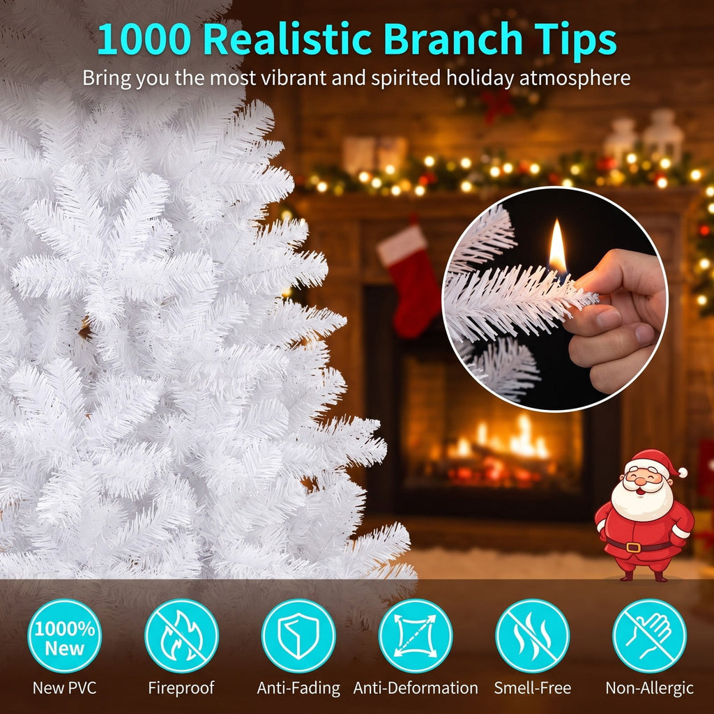 Airfind 6 Feet Artificial Christmas Tree Hinged Pre-Lit Xmas Tree with 11 Lighting Modes, White, Diameter of Stand 18 Inch /22 Inch