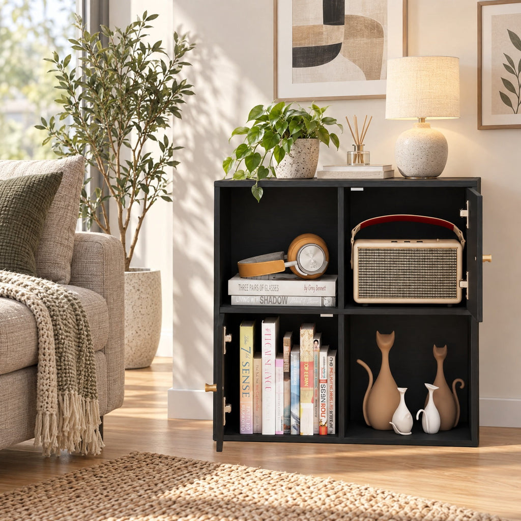 Airfind 4-Cube Bookcase 3-Tier Bookshelf with Dual Anti-Tipping Kits and 2 Cabinets, 110 lbs Capacity, MDF Engineered Wood Frame, Black