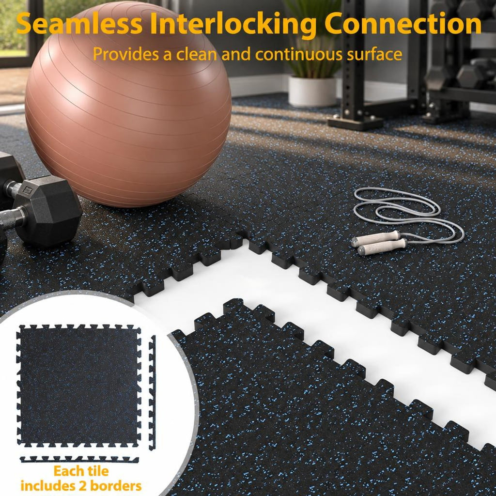 Airfind 0.79 inch Thick Rubber Top Exercise Mat 48 Sq Ft with Boarders-Black Blue, Rubber PE Foam Frame, of 12 Tiles 6 x 8 ft Total Footprint