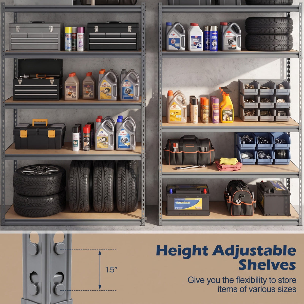 Airfind 5-Tier Garage Shelving Unit 2200 LBS Metal Storage Shelves Adjustable Utility Rack for Warehouse, 440 lbs Capacity, Metal MDF Frame, Gray