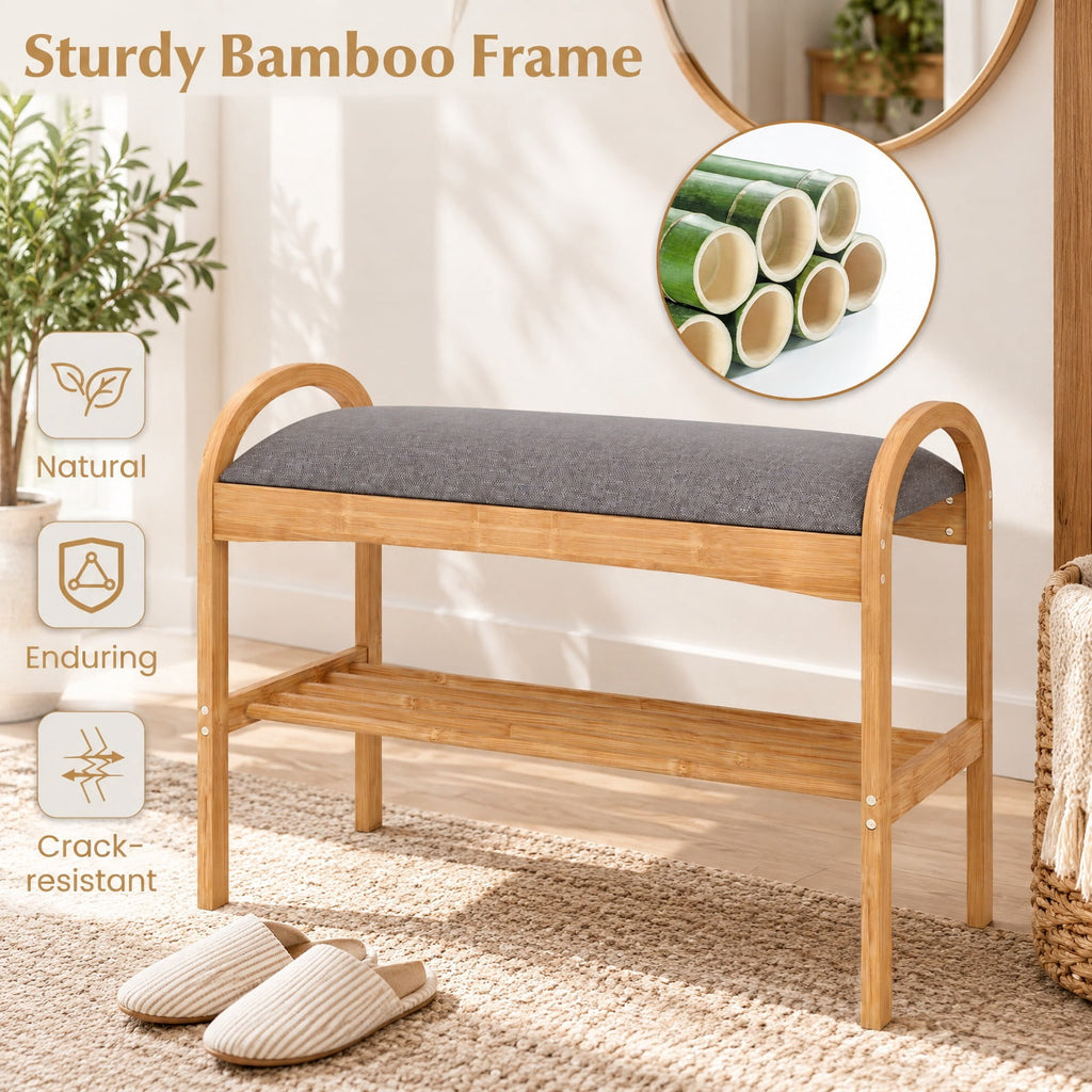 Airfind 2-Tier Bamboo Shoe Bench with Padded Cushion and Shelf, 330 lbs Capacity, Bamboo Polyester Fabric Sponge Frame, Gray