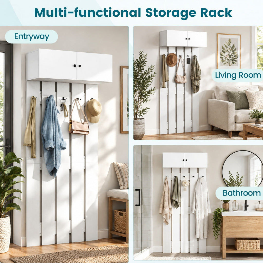 Airfind Entryway Wall Coat Rack Wall Mounted Coat Clothes Rack, 145 lbs Capacity, Engineered Wood Frame, 35.4in x 13in x 82.7in Footprint, White