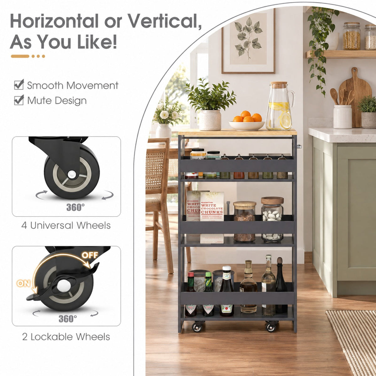 Airfind 4-Tier Rolling Storage Cart Slim Kitchen Cart on Wheels with Open Shelves and Handle, 15 lbs Capacity, Engineered Wood Metal Frame, Gray
