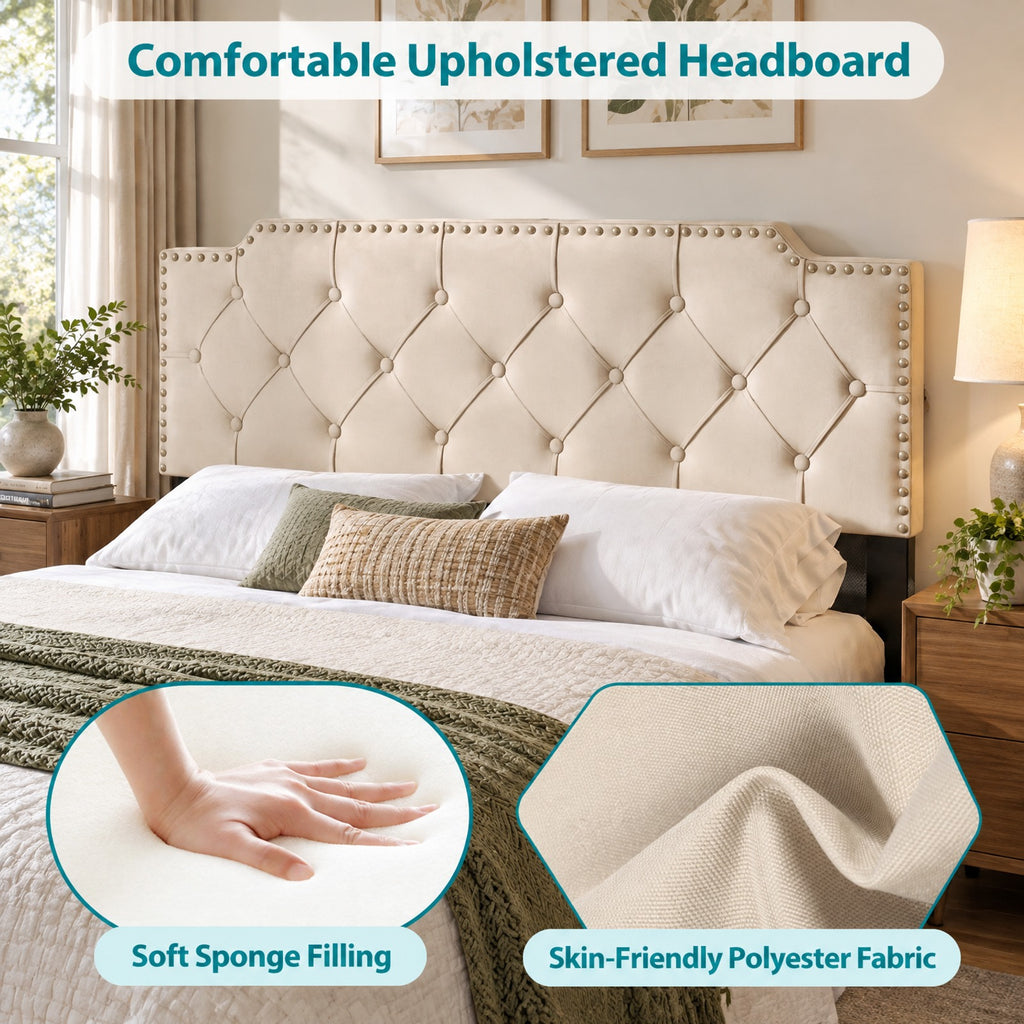 Airfind Upholstered Headboard with Built-in Charging Station, AC, USB and Type-C Ports, Rivet Tufted Headboard for Queen and Full Size Bed, Beige