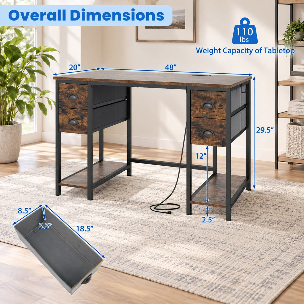 Airfind 48 Inches Computer Desk with Power Outlet Home Office Desk with 4 Fabric Drawers, 110 lbs Capacity, Engineered Wood Metal Fabric Frame