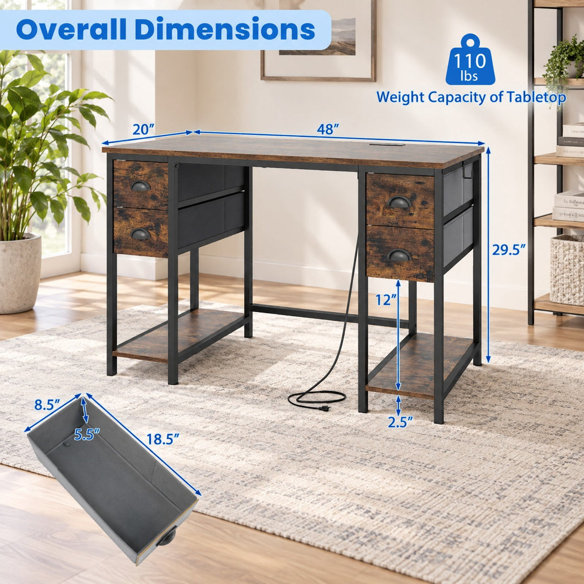 Airfind 48 Inches Computer Desk with Power Outlet Home Office Desk with 4 Fabric Drawers, 110 lbs Capacity, Engineered Wood Metal Fabric Frame